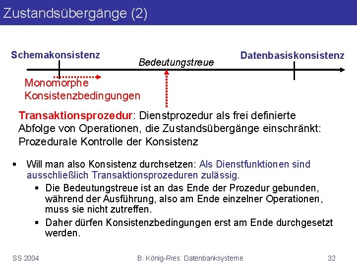 Zustandsübergänge (2) Schemakonsistenz Bedeutungstreue Datenbasiskonsistenz Monomorphe Konsistenzbedingungen Transaktionsprozedur: Dienstprozedur als frei definierte Abfolge von