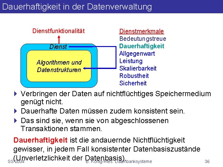 Dauerhaftigkeit in der Datenverwaltung Dienstfunktionalität Dienst Algorithmen und Datenstrukturen Dienstmerkmale Bedeutungstreue Dauerhaftigkeit Allgegenwart Leistung