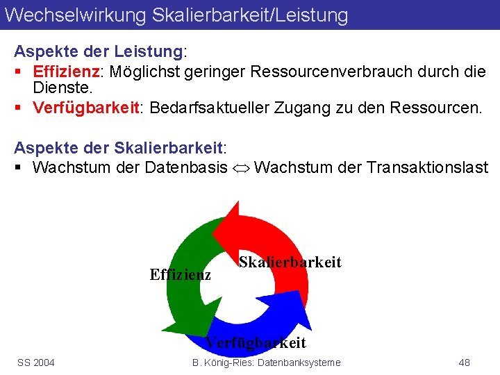 Wechselwirkung Skalierbarkeit/Leistung Aspekte der Leistung: § Effizienz: Möglichst geringer Ressourcenverbrauch durch die Dienste. §