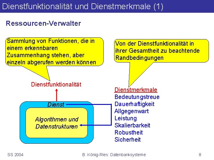 Dienstfunktionalität und Dienstmerkmale (1) Ressourcen-Verwalter Sammlung von Funktionen, die in einem erkennbaren Zusammenhang stehen,