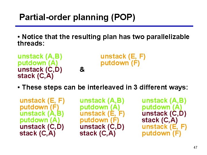 Partial-order planning (POP) • Notice that the resulting plan has two parallelizable threads: unstack