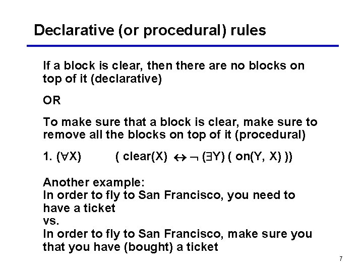 Declarative (or procedural) rules If a block is clear, then there are no blocks