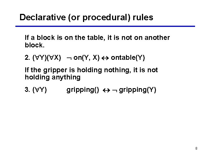 Declarative (or procedural) rules If a block is on the table, it is not
