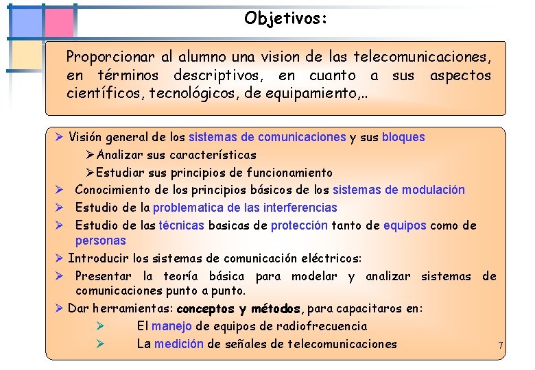 Objetivos: Proporcionar al alumno una vision de las telecomunicaciones, en términos descriptivos, en cuanto