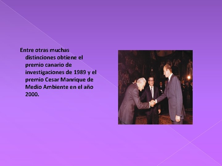 Entre otras muchas distinciones obtiene el premio canario de investigaciones de 1989 y el