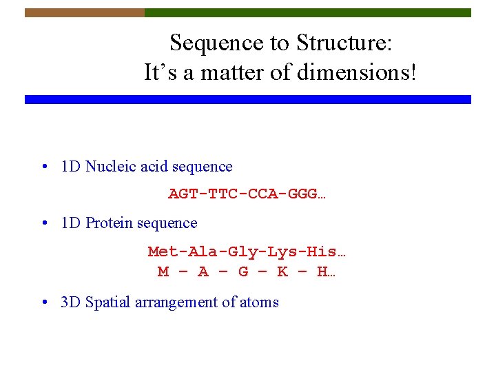 Sequence to Structure: It’s a matter of dimensions! • 1 D Nucleic acid sequence