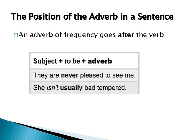 The Position of the Adverb in a Sentence � An adverb of frequency goes