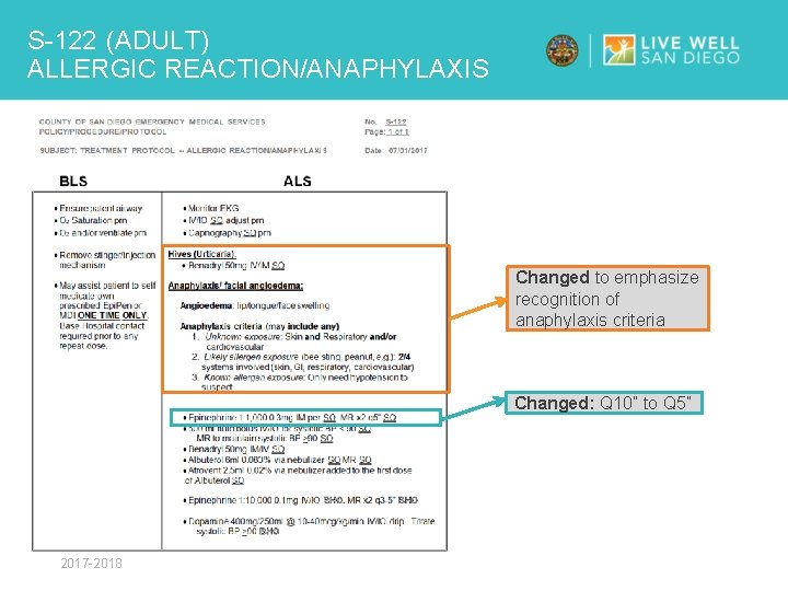 S-122 (ADULT) ALLERGIC REACTION/ANAPHYLAXIS Changed to emphasize recognition of anaphylaxis criteria Changed: Q 10”