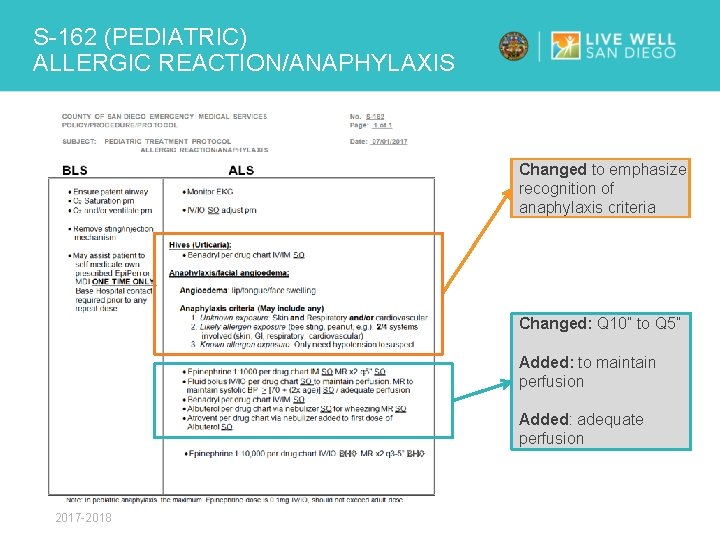 S-162 (PEDIATRIC) ALLERGIC REACTION/ANAPHYLAXIS Changed to emphasize recognition of anaphylaxis criteria Changed: Q 10”