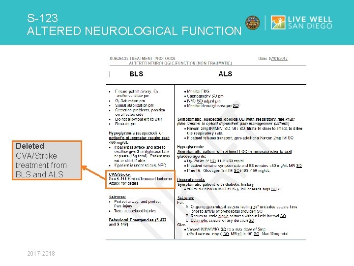 S-123 ALTERED NEUROLOGICAL FUNCTION Deleted CVA/Stroke treatment from BLS and ALS 2017 -2018 