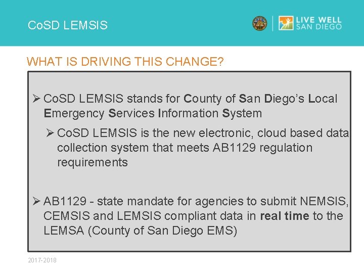 Co. SD LEMSIS WHAT IS DRIVING THIS CHANGE? Ø Co. SD LEMSIS stands for