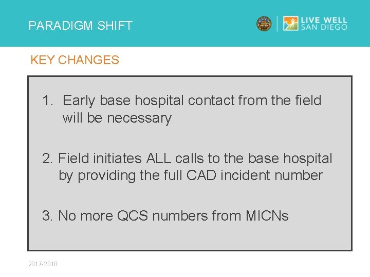 PARADIGM SHIFT KEY CHANGES 1. Early base hospital contact from the field will be