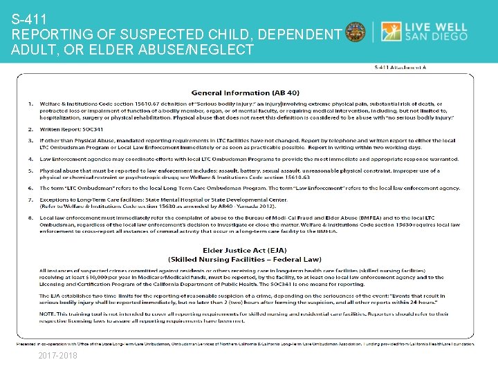 S-411 REPORTING OF SUSPECTED CHILD, DEPENDENT ADULT, OR ELDER ABUSE/NEGLECT 2017 -2018 