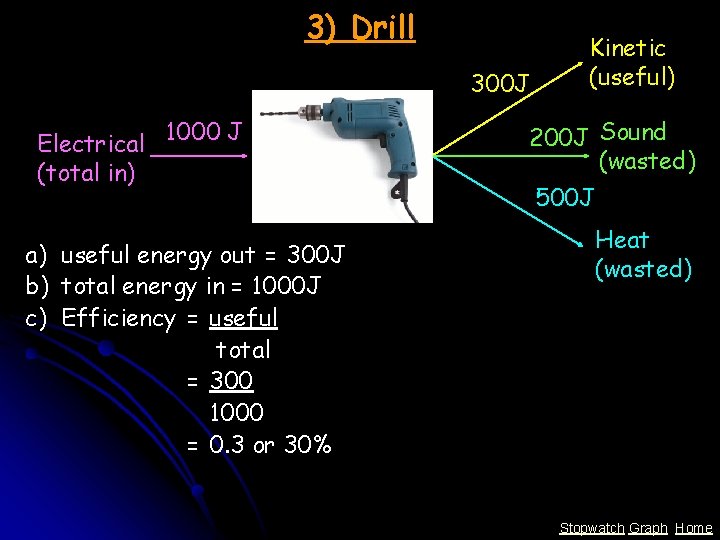 3) Drill 300 J Electrical 1000 J (total in) a) useful energy out =