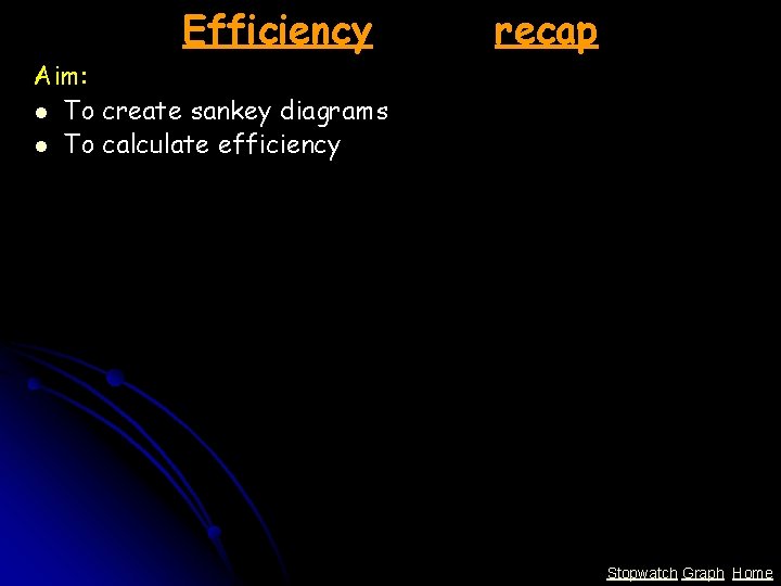 Efficiency recap Aim: l To create sankey diagrams l To calculate efficiency Stopwatch Graph