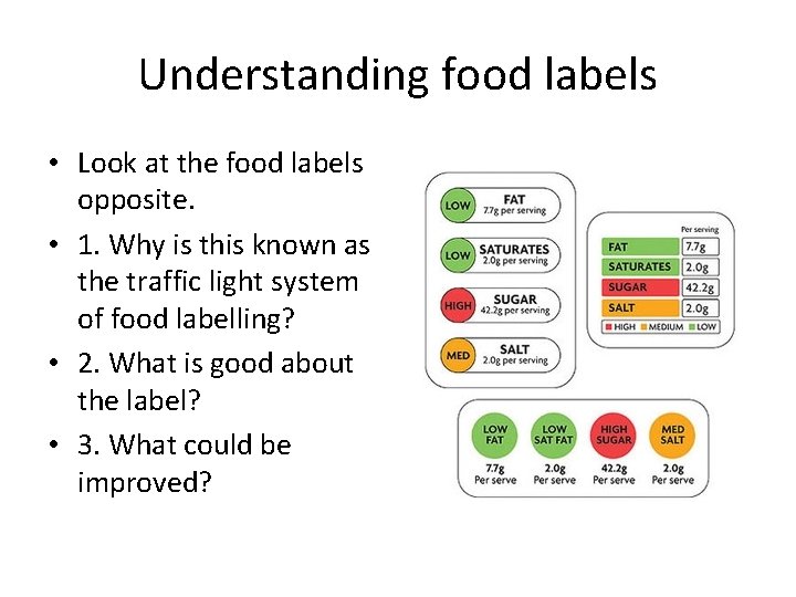Understanding food labels • Look at the food labels opposite. • 1. Why is
