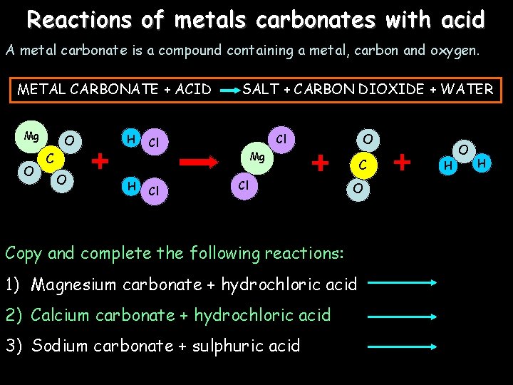 Reactions of metals carbonates with acid A metal carbonate is a compound containing a