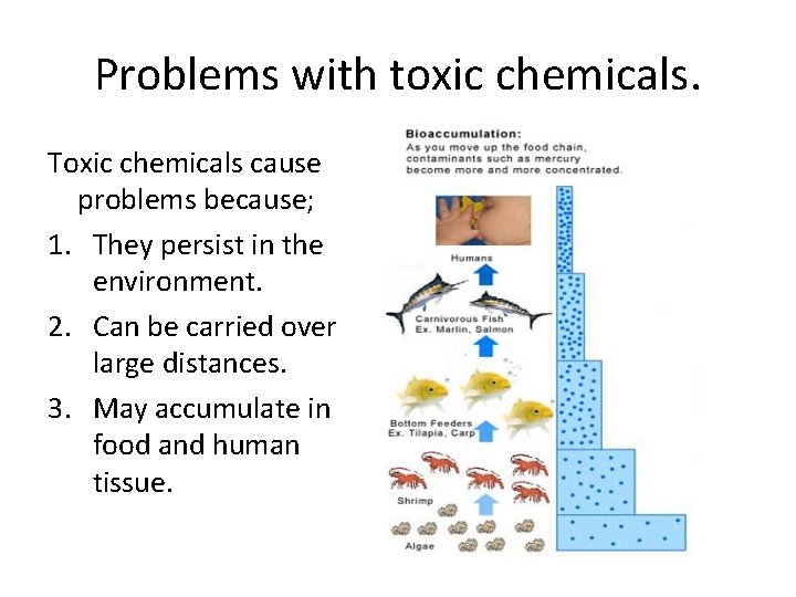 Problems with toxic chemicals. Toxic chemicals cause problems because; 1. They persist in the