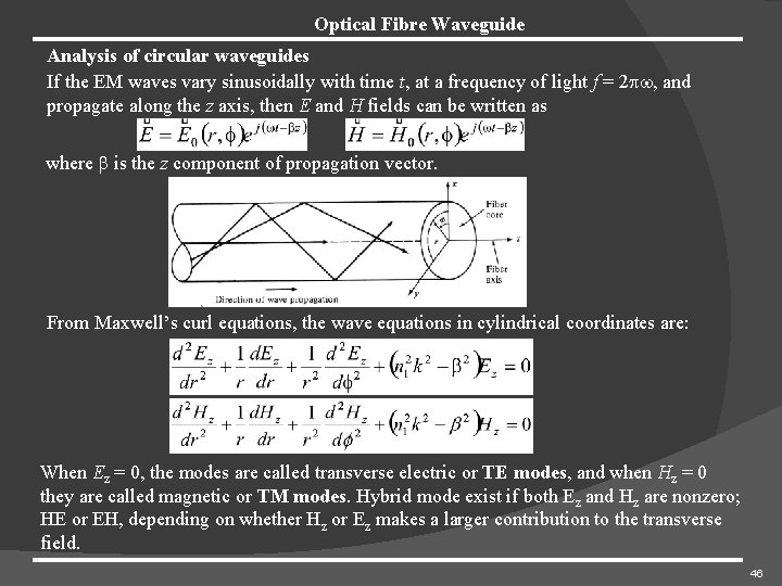 Optical Fibre Waveguide Analysis of circular waveguides If the EM waves vary sinusoidally with