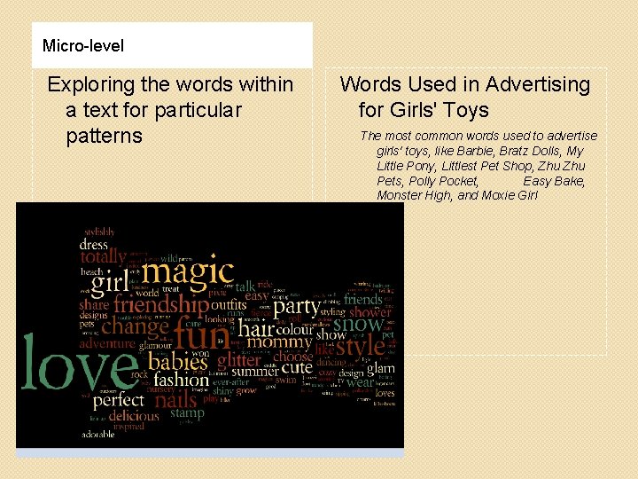 Micro-level Exploring the words within a text for particular patterns Words Used in Advertising