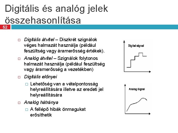 Digitális és analóg jelek összehasonlítása 52 Digitális átvitel – Diszkrét szignálok véges halmazát használja