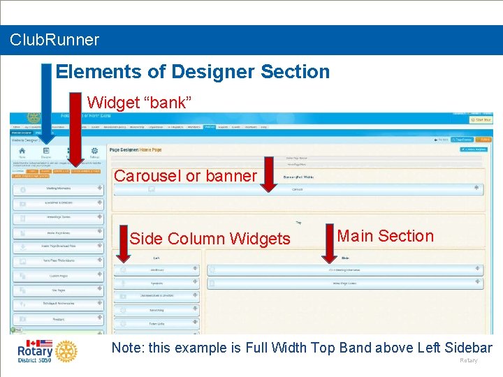 Club. Runner Elements of Designer Section Widget “bank” Carousel or banner Side Column Widgets