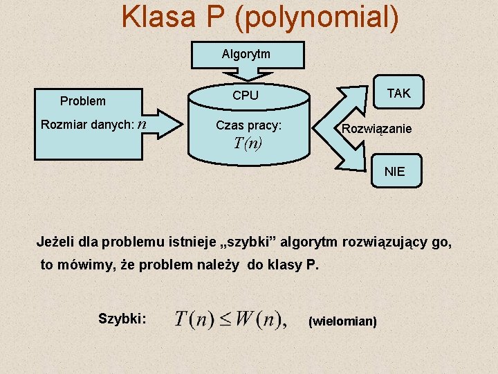 Klasa P (polynomial) Algorytm Problem Rozmiar danych: n TAK CPU Czas pracy: Rozwiązanie T(n)