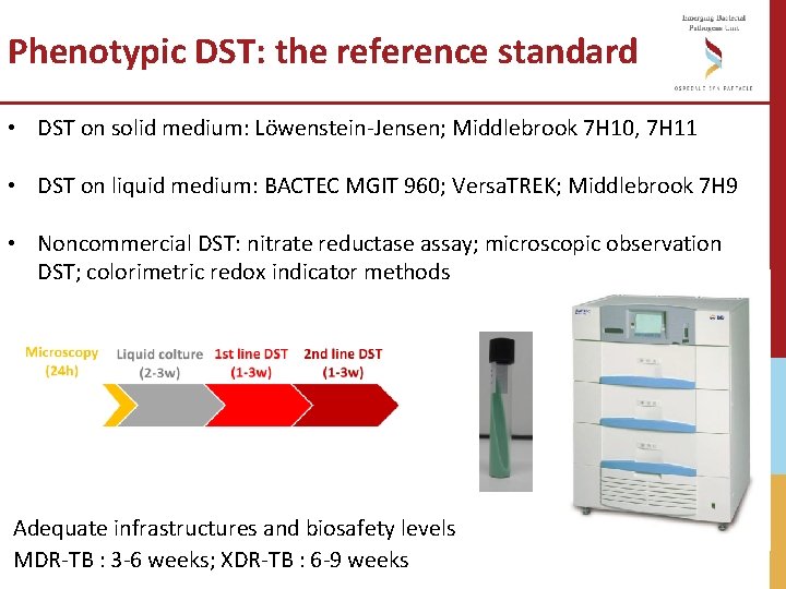 Phenotypic DST: the reference standard • DST on solid medium: Löwenstein-Jensen; Middlebrook 7 H