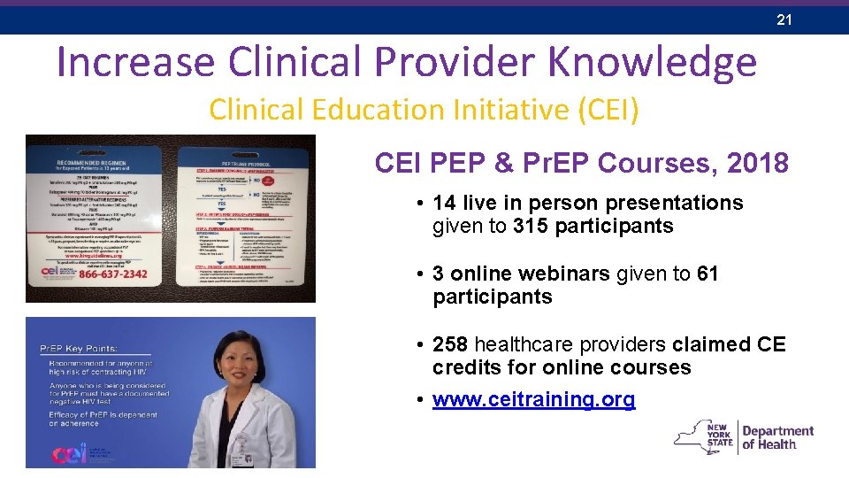 21 Increase Clinical Provider Knowledge Clinical Education Initiative (CEI) CEI PEP & Pr. EP