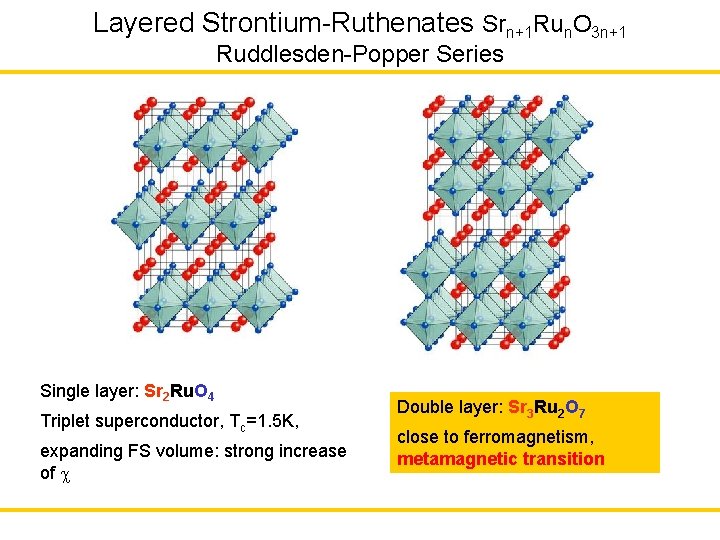 Layered Strontium-Ruthenates Srn+1 Run. O 3 n+1 Ruddlesden-Popper Series Single layer: Sr 2 Ru.