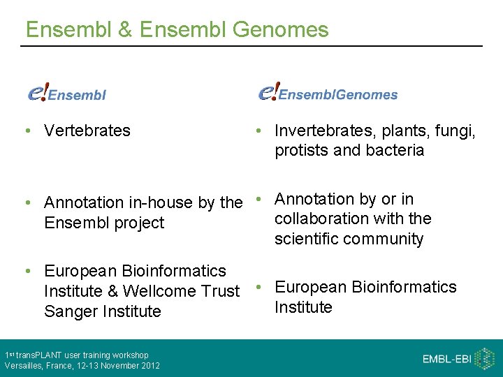 Ensembl & Ensembl Genomes • Vertebrates • Invertebrates, plants, fungi, protists and bacteria •