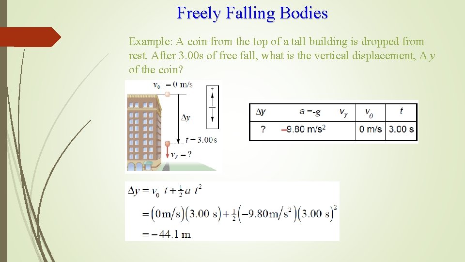 Freely Falling Bodies Example: A coin from the top of a tall building is