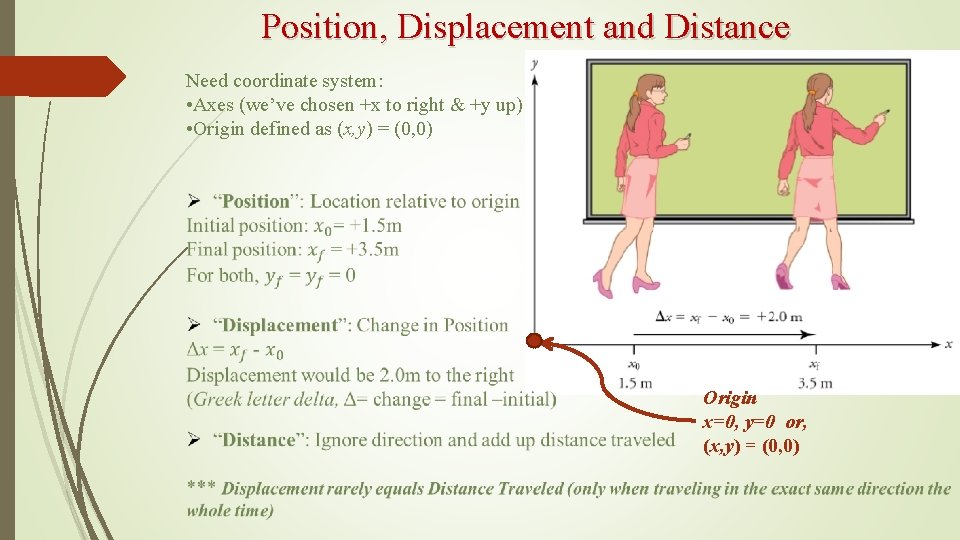 Position, Displacement and Distance Need coordinate system: • Axes (we’ve chosen +x to right