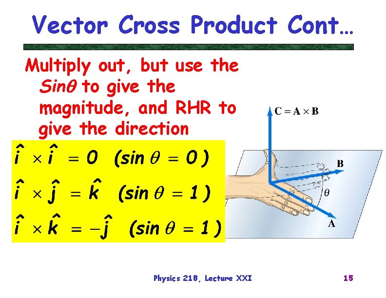 Vector Cross Product Cont… Multiply out, but use the Sinq to give the magnitude,