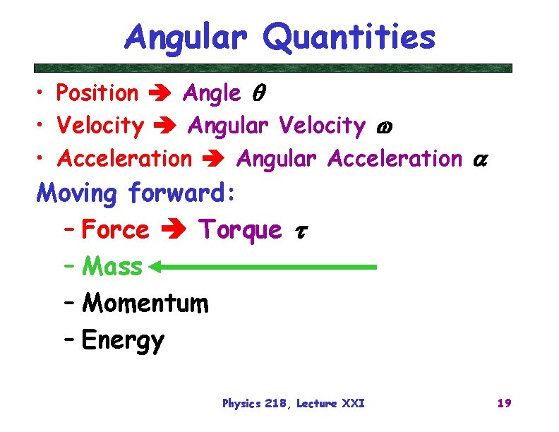 Angular Quantities • Position Angle q • Velocity Angular Velocity w • Acceleration Angular