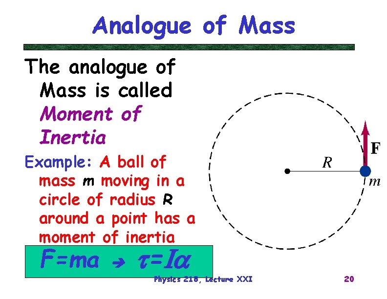 Analogue of Mass The analogue of Mass is called Moment of Inertia Example: A