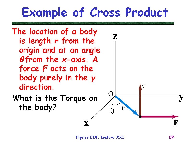 Example of Cross Product The location of a body is length r from the