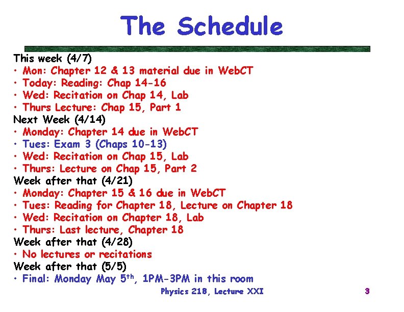 The Schedule This week (4/7) • Mon: Chapter 12 & 13 material due in