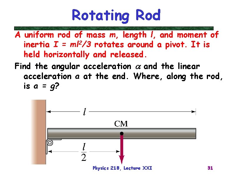 Rotating Rod A uniform rod of mass m, length l, and moment of inertia