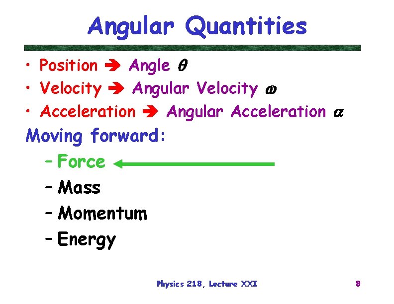 Angular Quantities • Position Angle q • Velocity Angular Velocity w • Acceleration Angular