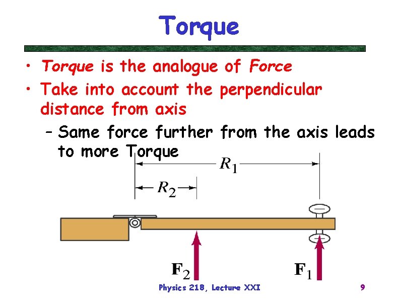Torque • Torque is the analogue of Force • Take into account the perpendicular