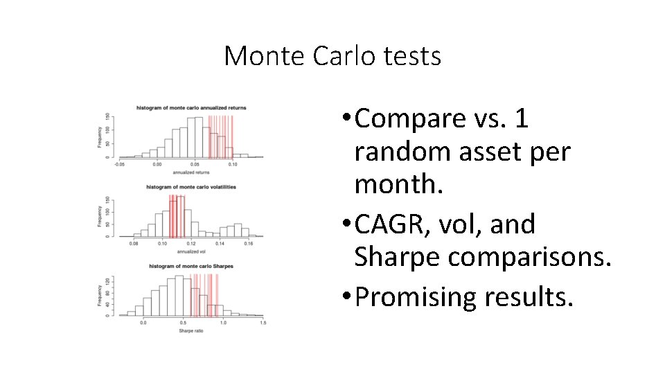 Monte Carlo tests • Compare vs. 1 random asset per month. • CAGR, vol,