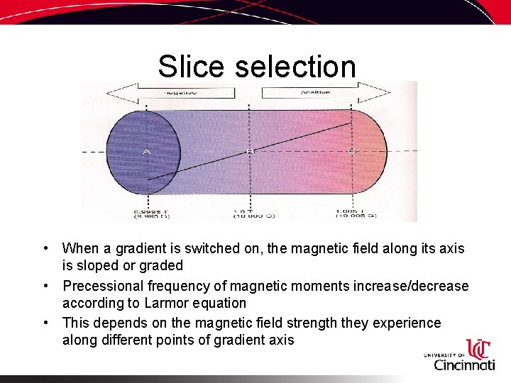 Slice selection • When a gradient is switched on, the magnetic field along its