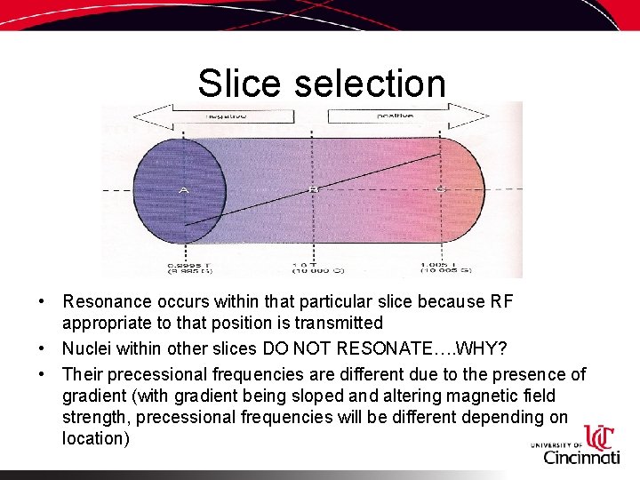 Slice selection • Resonance occurs within that particular slice because RF appropriate to that