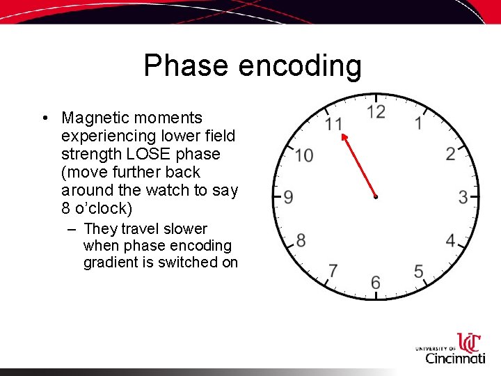 Phase encoding • Magnetic moments experiencing lower field strength LOSE phase (move further back