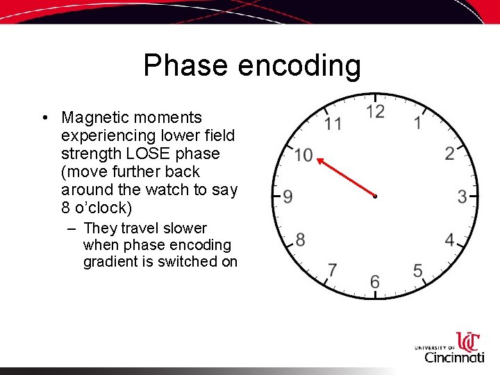 Phase encoding • Magnetic moments experiencing lower field strength LOSE phase (move further back