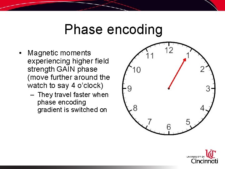 Phase encoding • Magnetic moments experiencing higher field strength GAIN phase (move further around