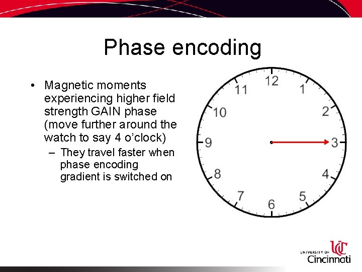 Phase encoding • Magnetic moments experiencing higher field strength GAIN phase (move further around