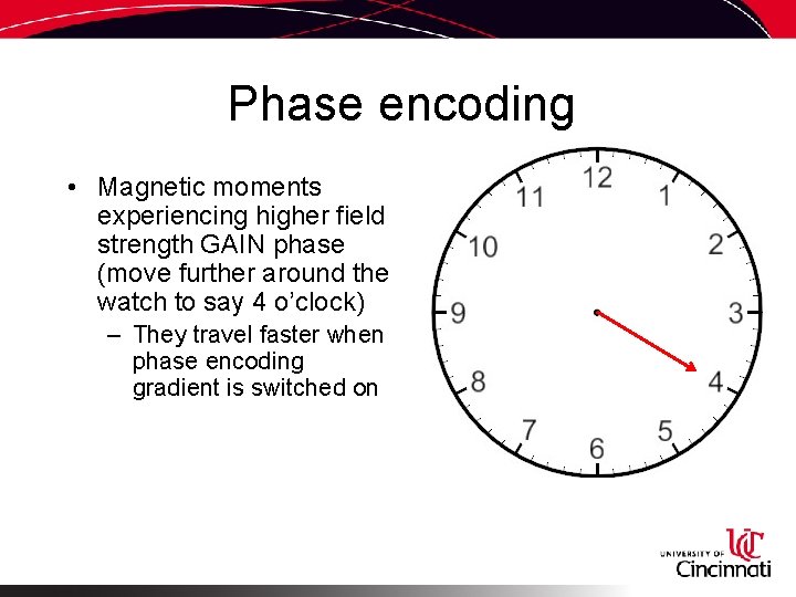 Phase encoding • Magnetic moments experiencing higher field strength GAIN phase (move further around