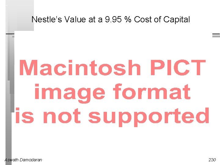Nestle’s Value at a 9. 95 % Cost of Capital Aswath Damodaran 230 Nestle’s Value at a 9. 95 % Cost of Capital Aswath Damodaran 230
